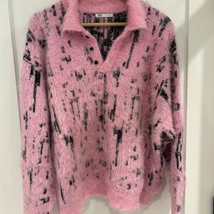 Zara Pink and Black Fuzzy Knit Polo Pullover